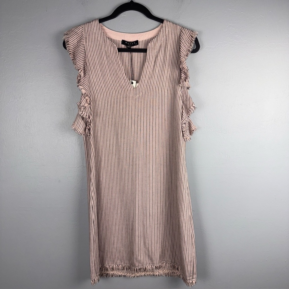 Maven West Shift Dress XS Light Pink & Black Stripes Flutter Sleeve Frayed Mini